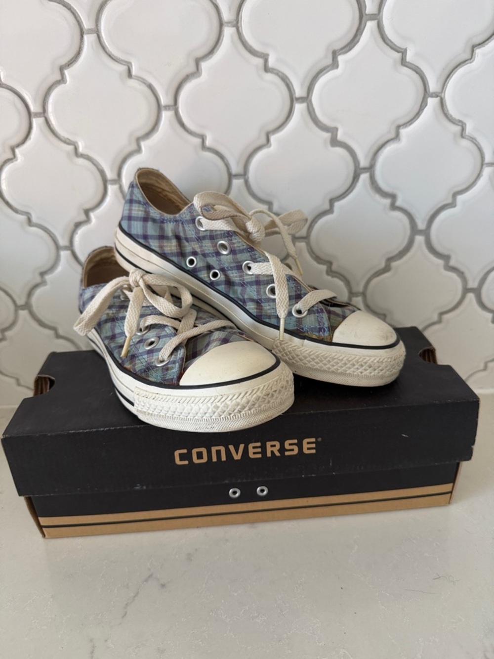 Converse Plaid Low-Top Sneakers in Blue and Green